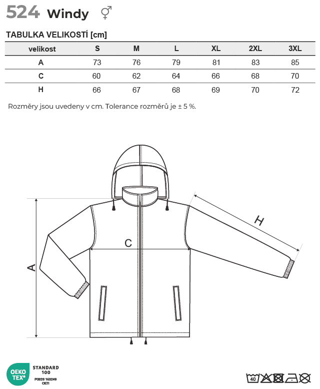 524 Windy větrovka unisex Tabulka velikostí